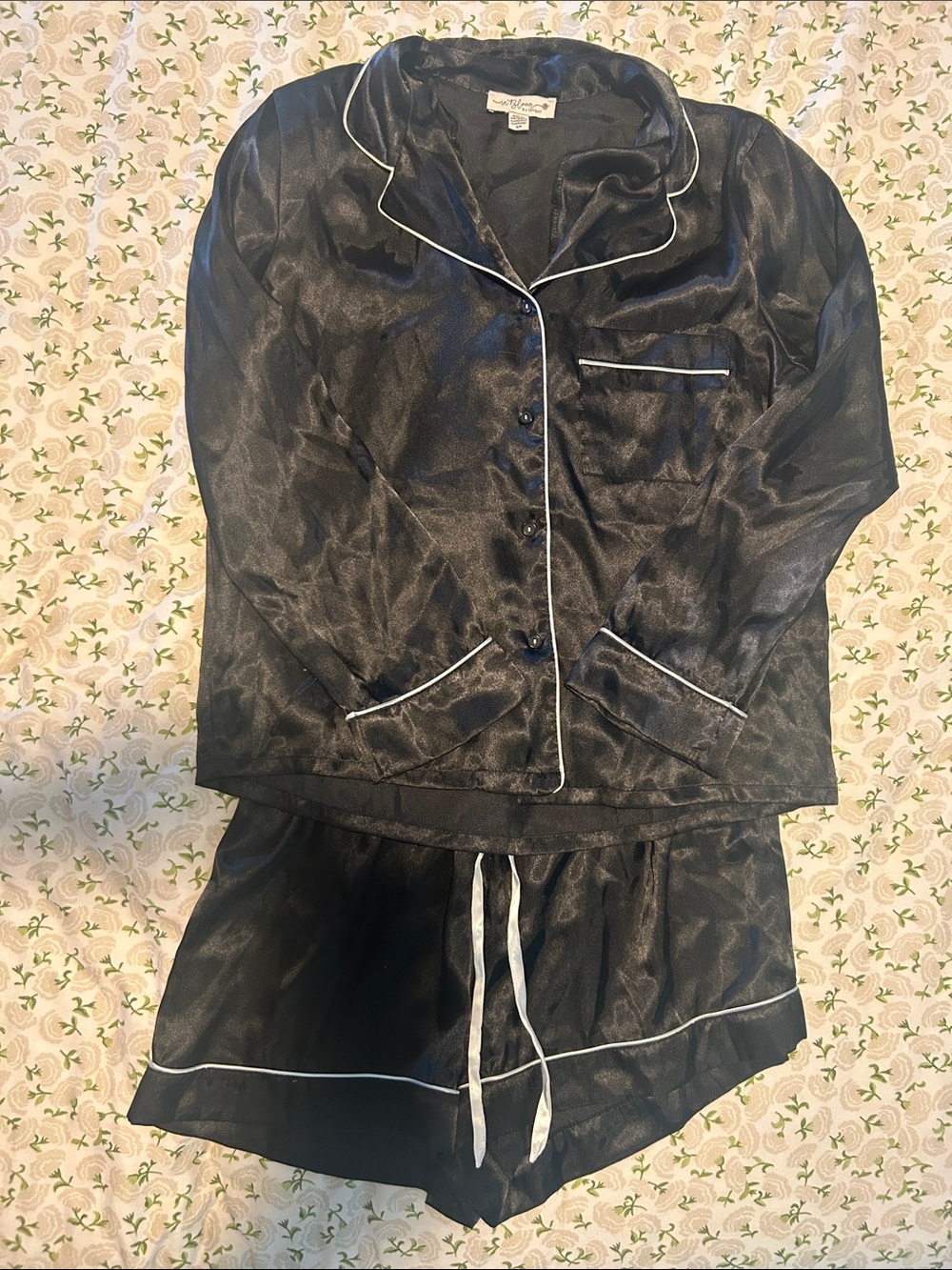 Women's Black Satin Pajama Set with White Piping